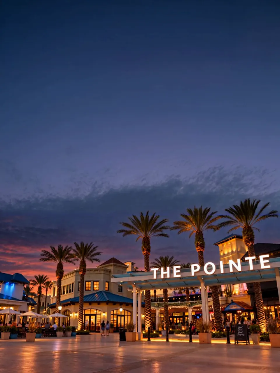 Markus Visuals truck entering The Pointe, Orlando beneath a dusk sky
